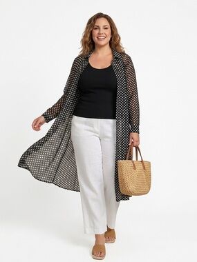 Revue long flowy kimono style duster black and white dots size 1X